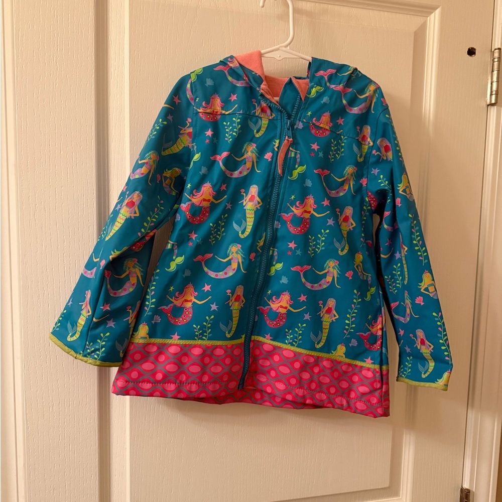 Girls Teal Mermaid Rain Jacket with Pink Trim